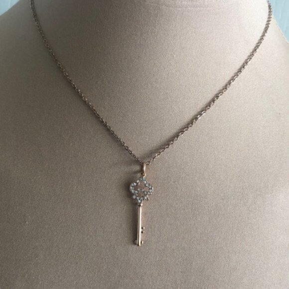 Rose Gold Plated Necklace w Key Charm Pendant  W Cubic Zirconia Stones - Picture 6 of 13